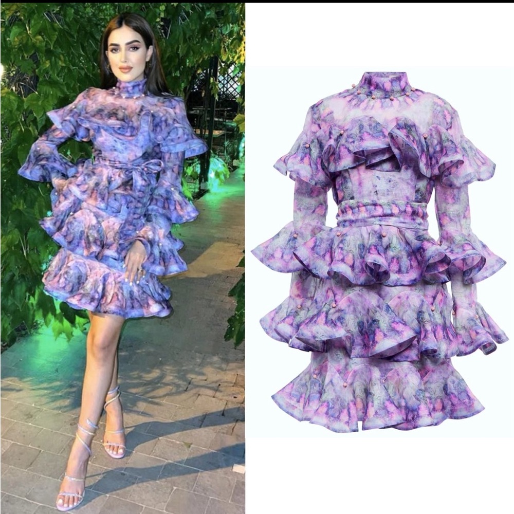 Zimmermann Celestial floral silk linen frilled mini dress